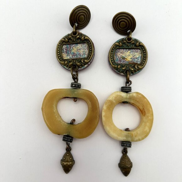 Vintage Boho Artisan Statement Earring Bundle Brass Tone Dangles Hoop - Picture 9 of 16